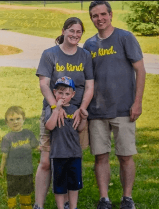 Pictured are Jamie, Andrew and their son Owen Dill with a faded image of Oliver. Andrew and Jamie recently went public with a nonprofit organization called Be Kind For Ollie, which they established to educate the public about the dangers of leaving children and pets in vehicles.